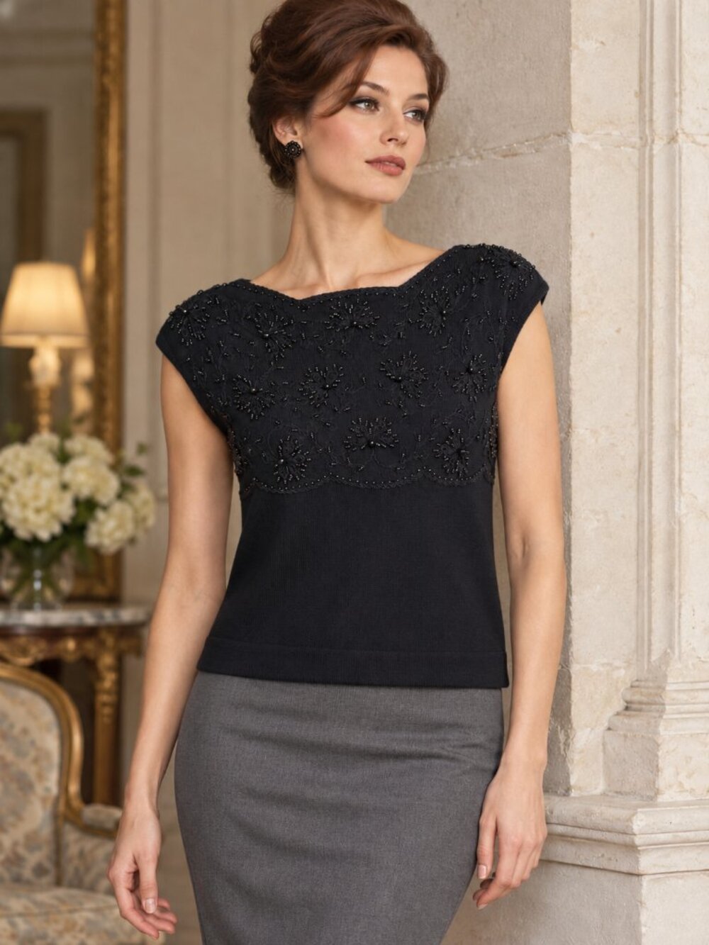 Vintage 1950's Dayton’s Black Beaded Wool Knit Shell Top Austria Size 12
